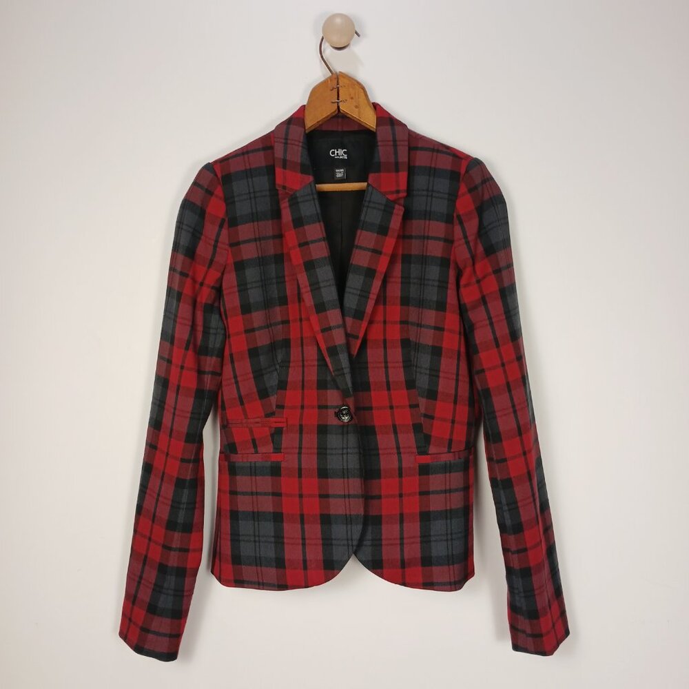 Vintage Chic by Jacob Red Black Plaid Blazer Women’s XS Tartan One Button Retro - Picture 1 of 10